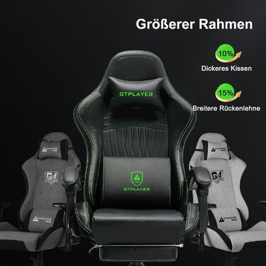 Ігрове крісло GTPLAYER, ергономічне ігрове крісло, стілець для роботи, гоночне крісло для ПК з підставкою для ніг, динаміки, музика, офісне крісло, витримує до 150 кг, зелений