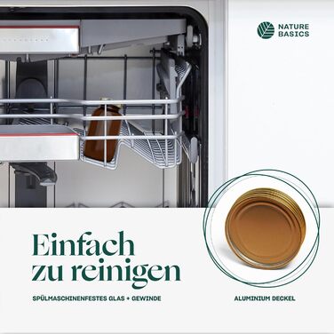 Набір скляних банок для зберігання Nature Basics - 4 x 400 мл - Банки з бурштинового скла з різьбовими кришками та щільно закриваючими алюмінієвими кришками - для зберігання продуктів та косметики - Герметичні та придатні для миття в посудомийній машині