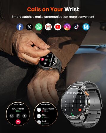 Чоловічий військовий смарт-годинник з акумулятором 1000 мАг, 1,91-дюймовим AMOLED-дисплеєм, світлодіодним ліхтариком/водонепроникним фітнес-годинником до 5 атм з функцією телефону, понад 110 спортивних режимів/пульсометром/монітором сну/SpO2, сумісним з i