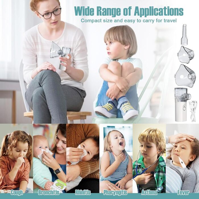 Інгалятор YSWOVUO, інгалятор для дорослих і дітей, небулайзерний інгалятор USB C, супер тихий інгалятор, з 2 масками і 1 мундштуком, портативний, для подорожей і вдома