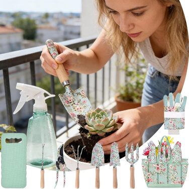 Набір садових інструментів 10 в 1, міцні садові ручні інструменти з нержавіючої сталі з сумкою для зберігання секатор, садова лопатка, рукавички, культиватор та інше. Ідеальний подарунок для садівників (квітковий візерунок)