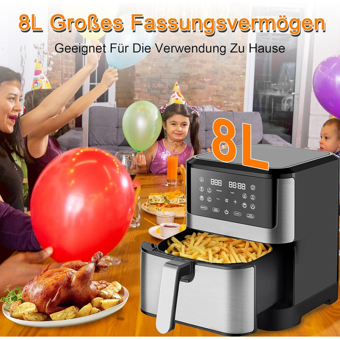 Аерофритюрниця PRIJESSE XXL 8 літрів Аерофритюрниця Цифрова фритюрниця 10-в-1 Розумна фритюрниця Духова шафа без масла з цифровим світлодіодним сенсорним екраном Можна мити в посудомийній машині 1500 Вт Чорний