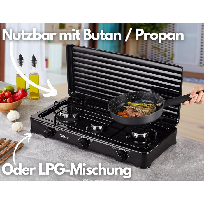 Газова плита Zilan 3 конфорки 30/50 мбар підходить Кемпінгова піч Варильна поверхня Газова плита Газова варильна поверхня Газ пропан Знімна кришка 3 Фламміг Кабуретка