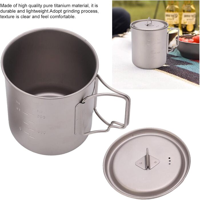 Титанова кружка FOUF, 750 мл, настінна ізольована кружка для кемпінгу, кемпінгова кружка зі складними ручками та кришкою, дизайн з нержавіючої сталі, портативна титанова кемпінгова каструля для кемпінгу, піших прогулянок та походів на природі
