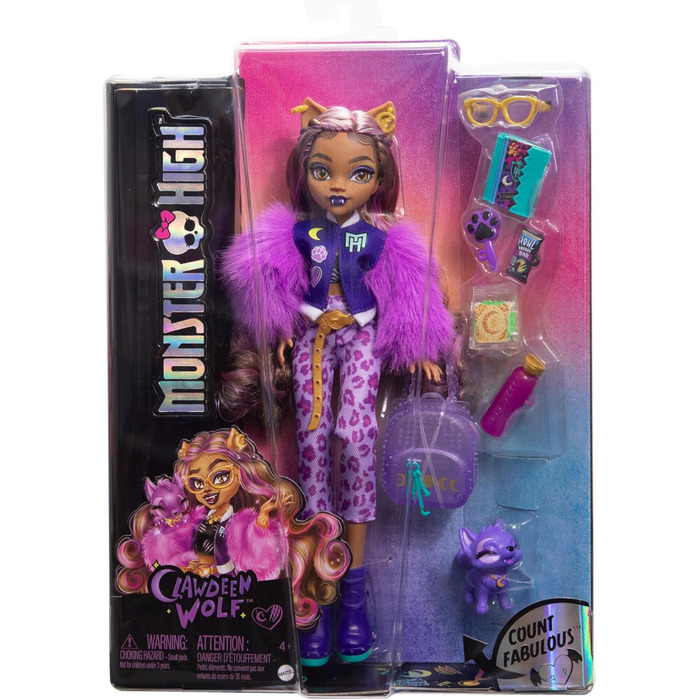 Лялька Monster High Клодін Вульф з собакою Кресентом та аксесуарами, такими як рюкзак, календар, снеки тощо, роздрібна ціна 65 HRP