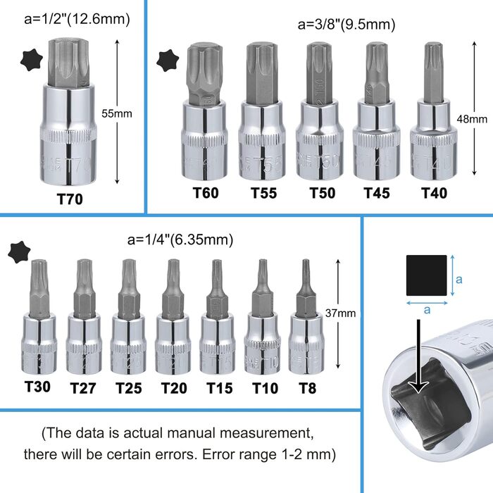 Набір біт Torx Gueenky 13 шт., T8 - T70, насадки Torx 1/4, 3/8, 1/2, комплект головок Torx та зірочкових
