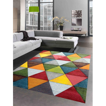 Абстрактний килим для вітальні з сучасним барвистим дизайном у вигляді трикутників оранжевий зелений червоний - легко чиститься ро