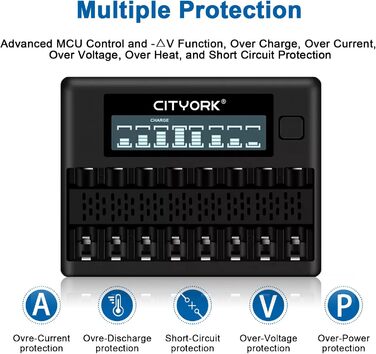 Зарядний пристрій CITYORK для акумуляторних батарей AA AAA, 8-слотовий зарядний пристрій з РК-дисплеєм, швидкою зарядкою через USB та незалежним слотом для акумуляторів AA/AAA Ni-MH Ni-CD