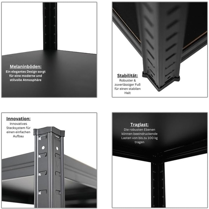 Посилений стелаж серії All Black Ragnar, загальне навантаження 500 кг. Розміри 180x45x45 см. Матово-чорний, стелаж для підвалу, стелаж без ригелів, гаражний стелаж.