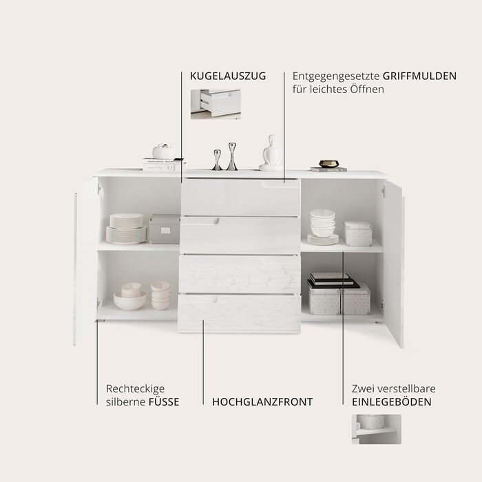 Комод Stella Trading SPICE, глянцевий білий - Сучасний комод з великою кількістю місця для зберігання речей у вашій вітальні - 165 x 80 x 40 см (Ш/В/Г)