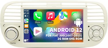 Автомобільна радіо для FIAT 500 2007 2008 2009 2010 2011 2012 2013 2014 2015, система Android 12 2G64G з GPS-навігацією CarPlay Android Auto, 7-дюймовий сенсорний IPS-екран Wi-Fi Bluetooth FM-радіоприймач