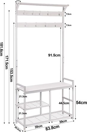 Вішалка для одягу Leader Accessories з лавкою, металева вішалка для одягу в рустикальному стилі, 182x30x84 см (ВxГxШ), біла