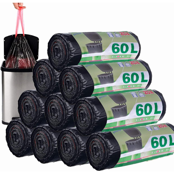 Сміттєві пакети ASelected, 200 шт. , 50-60 л, зі шнурком, сміттєві пакети з ручкою, супергерметичні, 10 рулонів, пакет для сміття зі шнурком, 60 літрів, великий 71 x 64 см, чорний, 60 л-чорний-200 шт.