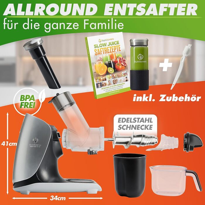 Повільна соковижималка GREEN-PRESS STAINLESS STEEL 304 Гвинт з нержавіючої сталі без BPA I німецький бренд I Переможець тесту соковижималки для цілих фруктів і селери, овочів і фруктів 2023 року Allrounder Електрична соковижималка Silver Knight / Нержавію