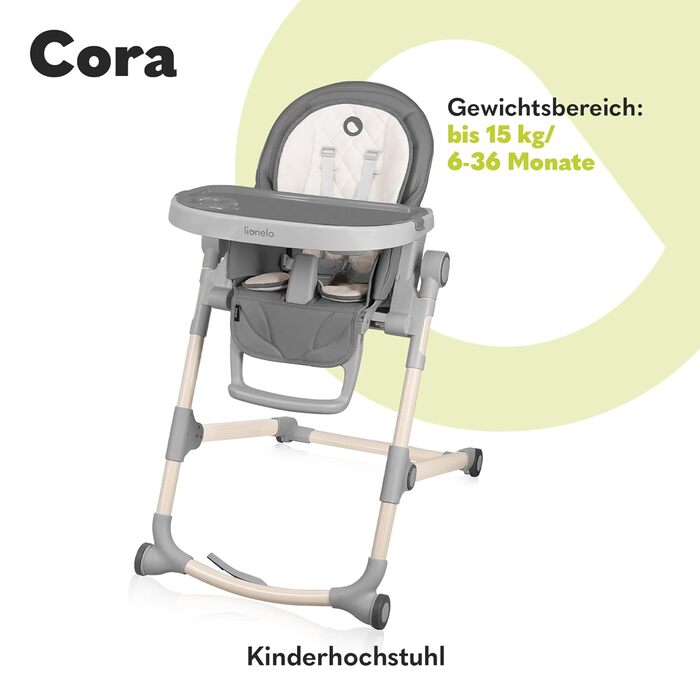 Стільчик для годування LIONELO Cora, високий, регульований, знімний піднос, нековзний, від 6 до 36 місяців, 5-точкові ремені безпе