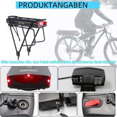 Акумулятор для електровелосипеда X-go з багажником, акумулятор для електровелосипеда 36V 13AH для велосипедного двигуна потужністю 250W 350W 500W, комплект літій-іонного велосипедного двигуна із зарядним пристроєм та безпечним замком