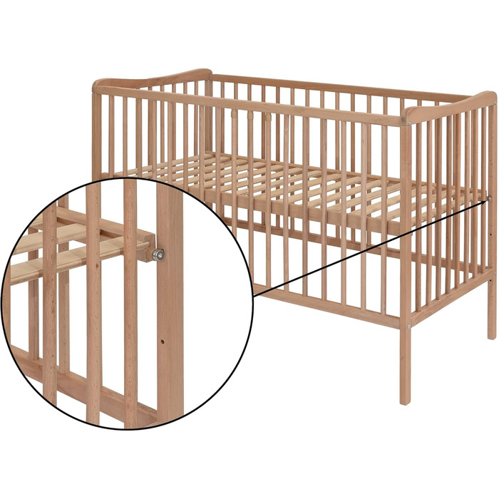 Дитяче ліжко Grzes 120x60 см, Натуральний колір, виготовлене з бука, перевірено на відповідність EN 716, регульована по висоті рейкова основа, 3 знімні перекладини, Натуральний колір