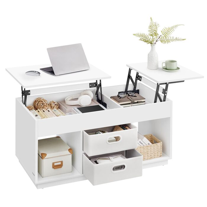 Журнальний столик VASAGLE, стіл для вітальні з регульованою висотою, 2 шухляди та приховані відділення, журнальний столик, відкриті полиці, для вітальні, домашнього офісу, білий LCT210W01