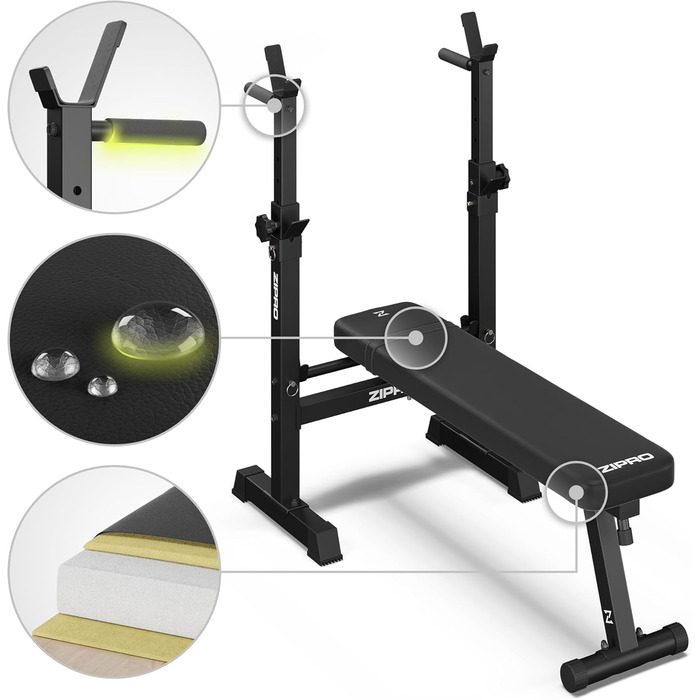 Лава для жиму штанги ZIPRO Core Складана лава з регульованими стійками для штанги та ручками для віджимань Фітнес-лава, вантажопідйомність 230 кг, регулювання висоти в 7 положеннях, силова станція без штанги
