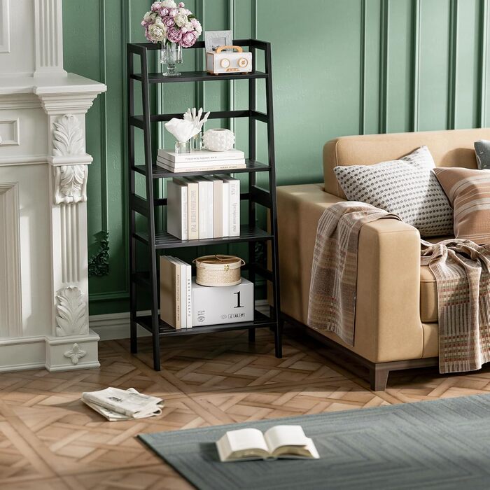 Чорна полиця-драбина HITNET, бамбукова книжкова полиця з 4 ярусами, окремостояча підставка для рослин, що економить місце, для спальні, ванної кімнати, балкона