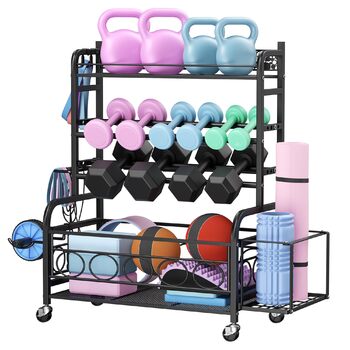 Стійка для гантелей, багатофункціональне сховище для гантелей, підставка для гантелей з колесами та гачками, може вмістити гантелі, килимки для йоги, ролики для фасцій, гирі та інші гантелі, чорна, для дому