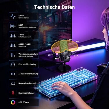 Мікрофон NEEWER AI для подкастингу, Plug & Play, кардіоїдна спрямованість, RGB-підсвітка, UM01