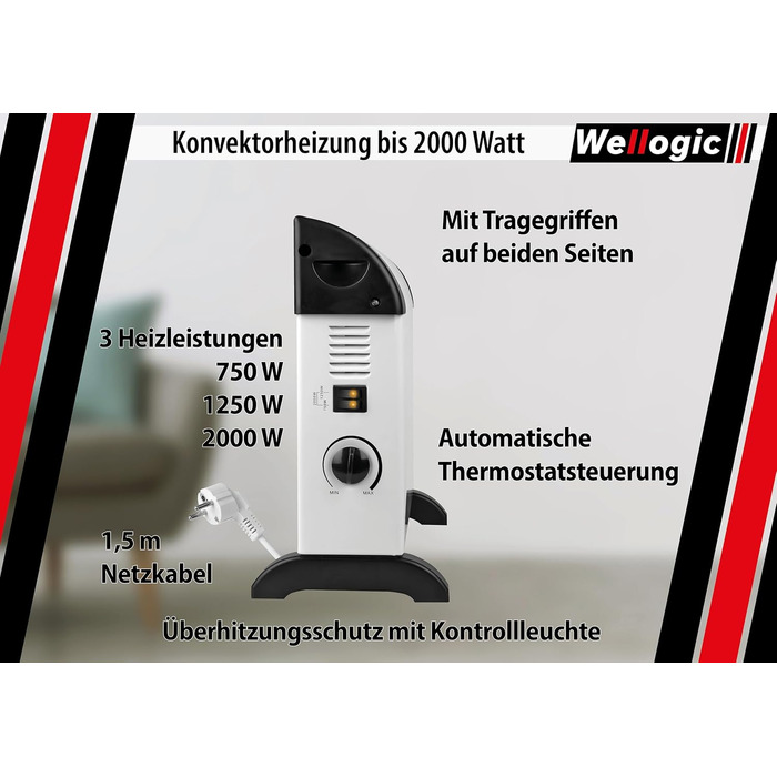 Конвекторний обігрівач 2000 Вт Електричний радіатор з термостатом, 3 режими нагріву, захист від перегріву, окремостоячий та настінний, обігрівач для вітальні та ванної кімнати
