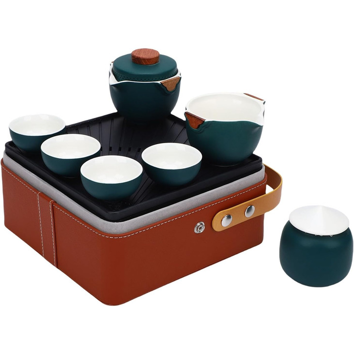 Гонфу-Чайний Сервіс, Портативний Керамічний Чайник з Елегантним Коричневим Шкіряним Футляром, Традиційний Темно-Зелений Дизайн для Дому, Офісу, Подорожей та як Подарунок