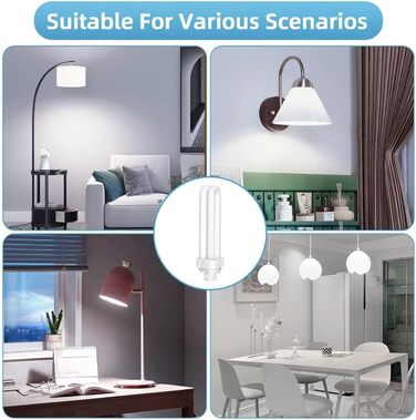 Високоефективна люмінесцентна лампа з низьким споживанням, підходить для кухні, їдальні, офісу, 5pcs G24d-3 2-Pin PLC Tube Lamps 26W, Cool White Light 6500K, 1600LM, 2U Double Rotating Tube