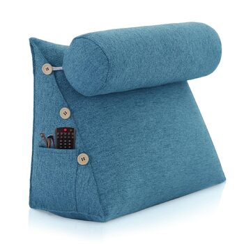 Клиноподібна подушка для читання для ліжка, регульована декоративна подушка для читання, трикутна подушка, клиноподібна подушка для дивана для поперекового відділу хребта, подушка для підтримки шиї та спини зі знімним лляним чохлом, синя, 60 см