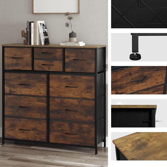 Комод WOLTU з 10 тканинними шухлядами, сервант для вітальні, комод для спальні, шафа для передпокою, металевий каркас, індустріальний стиль, вінтажний коричневий чорний, SSK009shm вінтажний коричневий чорний 10 тканинних шухляд