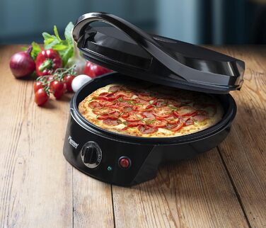 Електрична піч для піци Bestron, виробник піци до 230C, з верхнім/нижнім нагріванням, для домашньої або замороженої піци, тарт фламбе, кіш або обгортань до Ø 27см, 1800 Вт, колір Black Black Single