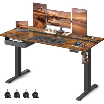 Електричний стіл VASAGLE з регульованою висотою, розеткою та шухлядою, 60 x 140 см, плавне регулювання висоти, функція пам&39яті з 4 висотами, вінтажний коричнево-чорний LSD114X01 140 x 60 см, вінтажний коричневий чорний