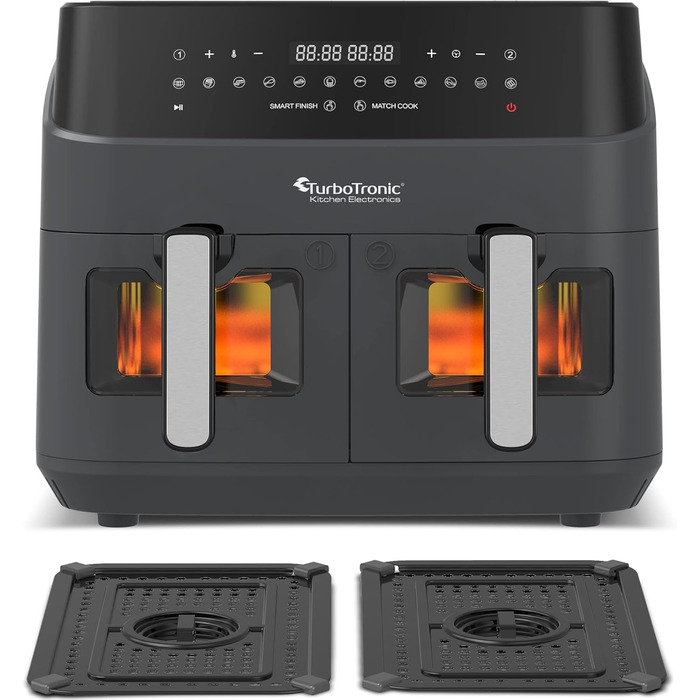 Гаряча аерофритюрниця XXL Подвійна фритюрниця 1600 Вт / 9 л (2 шт. 4.5 л камера) 10 програм Цифрова фритюрниця без жирного масла Подвійна аерофритюрниця Фритюрниця Power Grey