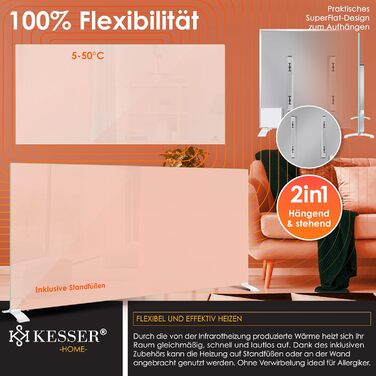 Інфрачервоний обігрівач KESSER 600 Вт, скляний конвектор, енергозберігаючий, 2-в-1, окремостоячий та настінний електричний обігрівач з датчиком відкритого вікна дистанційним керуванням та керуванням через додаток, термостат, нагрівальна панель 600 Вт, біл