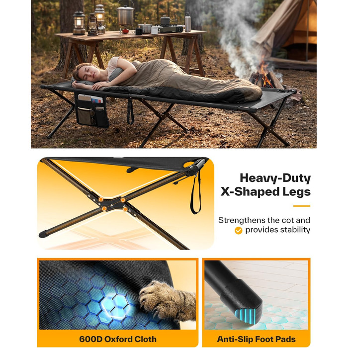 Розкладне ліжечко Sportneer 199 x 73 см, складне кемпінгове ліжко, складне гостьове ліжко для кемпінгу, походів, подорожей на природі, пляжу, саду на свіжому повітрі, використання в приміщенні, чорне