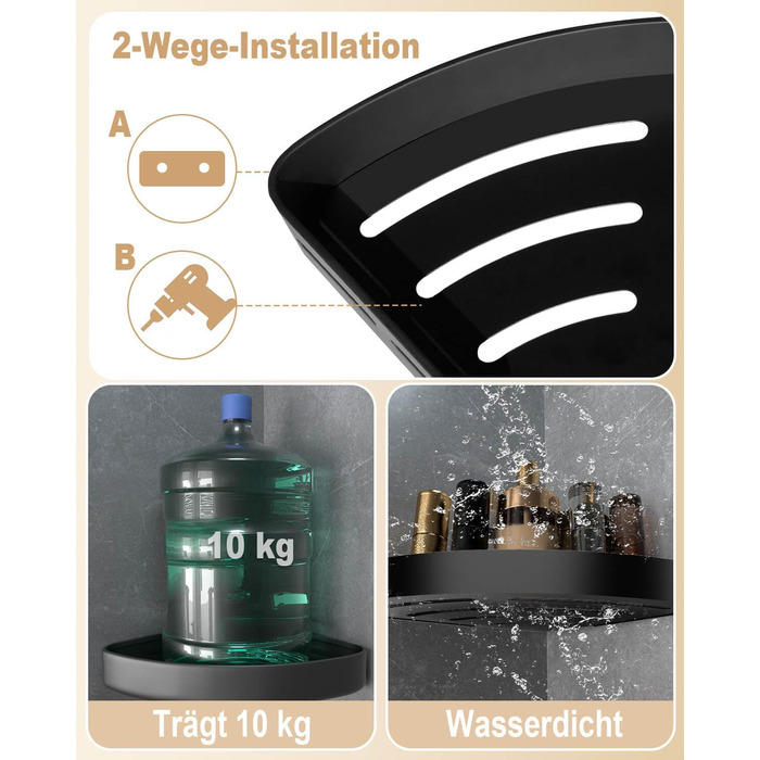 Кутова полиця для душу без свердління, чорна, з тримачем для шампуню та захистом від іржі. Набір з 2 полиць з 4 гачками, проста установка, чорний колір.