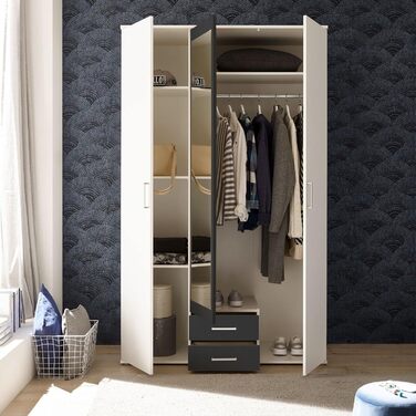 Шафа з дзеркальними дверима білого та графітового кольору - Універсальна 3-дверна шафа для вашої спальні - 120 x 196 x 54 см (Ш/В/Г) Білий / Графітовий 3-дверний