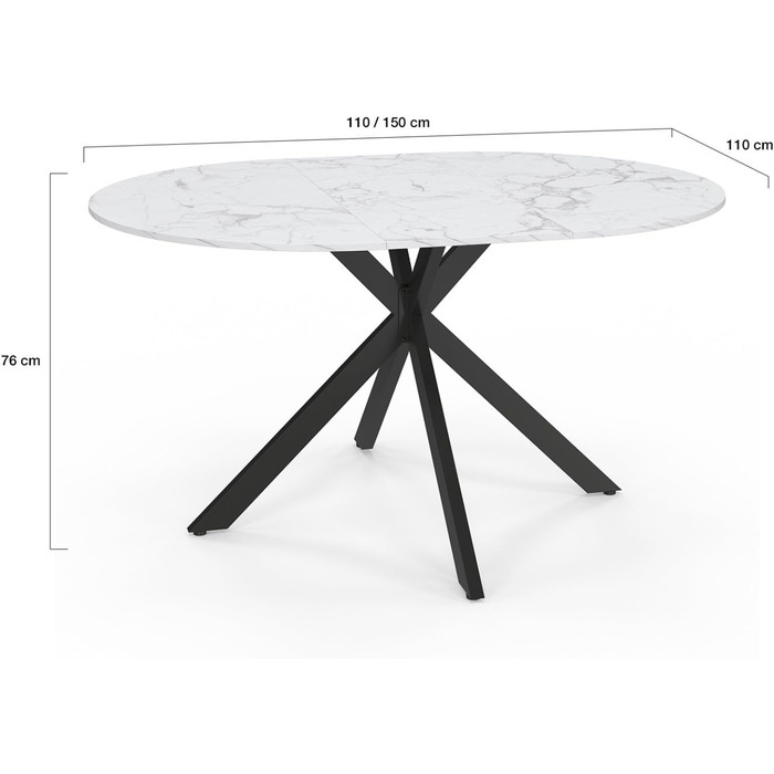Розкладний круглий обідній стіл ALIX, 4-8 осіб, ніжки-павуки, металевий, чорний, стільниця під мармур, Аляска, 110-150 см