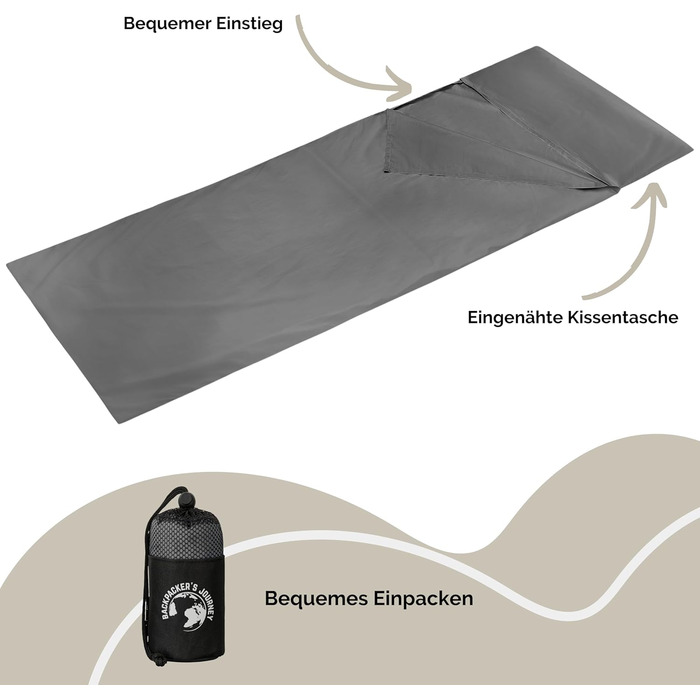 Ультралегкий (лише 225 г) підкладковий спальний мішок Backpacker&39s Journey виготовлений зі 100 бавовни. Гігієнічний спальний мішок без блискавки (без термоізоляції). Сірий. Ширина 85 см.
