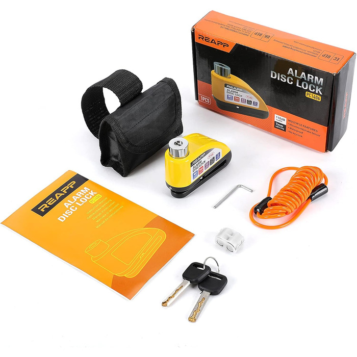 Замок гальмівного диска з сигналізацією 110 дБ, жовтий, для мотоциклів і велосипедів, з 1,5 м кабелем