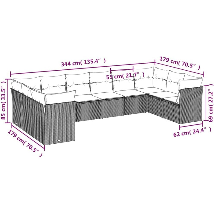Набір садових диванів 10 шт., Набір садових меблів з подушками для зберігання, група сидінь для садового патіо, модульний садовий диван лаунж, бежевий полі ротанг бежевий і кремовий