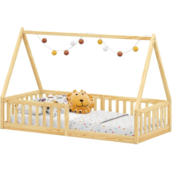 Ліжко IDIMEX Nicolas House 90 x 200 см Natural - Дитяче ліжко від підлоги до стелі, включаючи захист від падіння з обох боків, ліжко Монтессорі з масиву дерева
