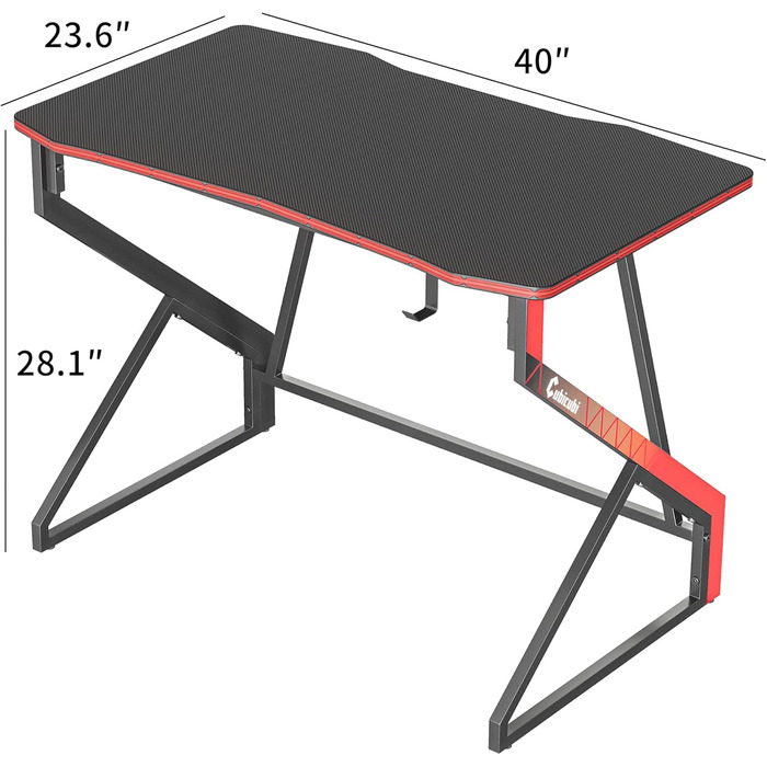 Ергономічний комп'ютерний стіл з поверхнею з вуглецевого волокна, стійкий Z-образний каркас, кріплення для навушників для ігор, на