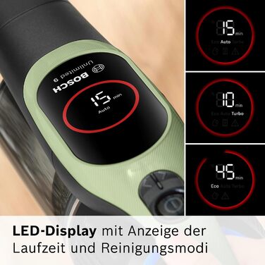 Акумуляторний пилосос Bosch Unlimited 9 BBS921TBA, бездротовий, MicroClean Technology, дисплей, компресія пилу, HEPA-фільтр, 10 років гарантії на двигун, змінний акумулятор, LED-підсвітка, щілина для вузьких місць, зелений