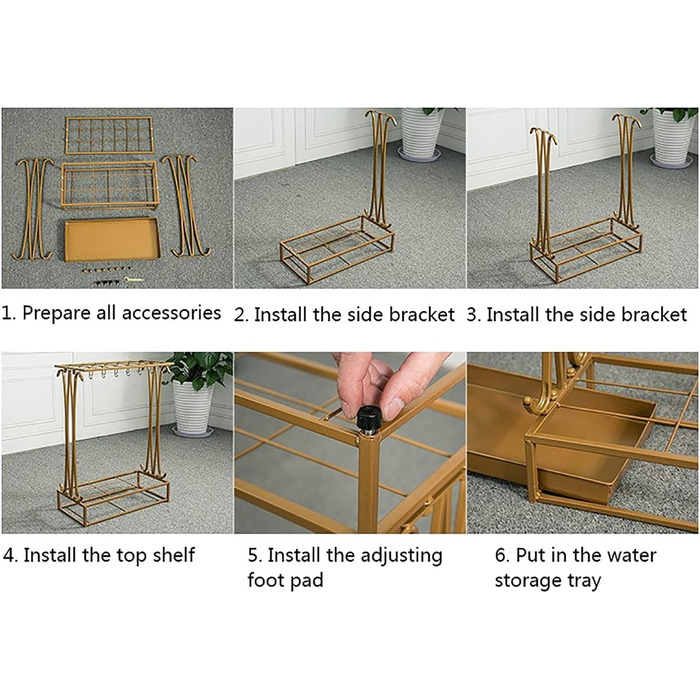 Металева підставка для парасольки, тримач для зберігання, зі знімним піддоном для крапель і 8 гачками, стояча, прикраса для дому/Золотистий