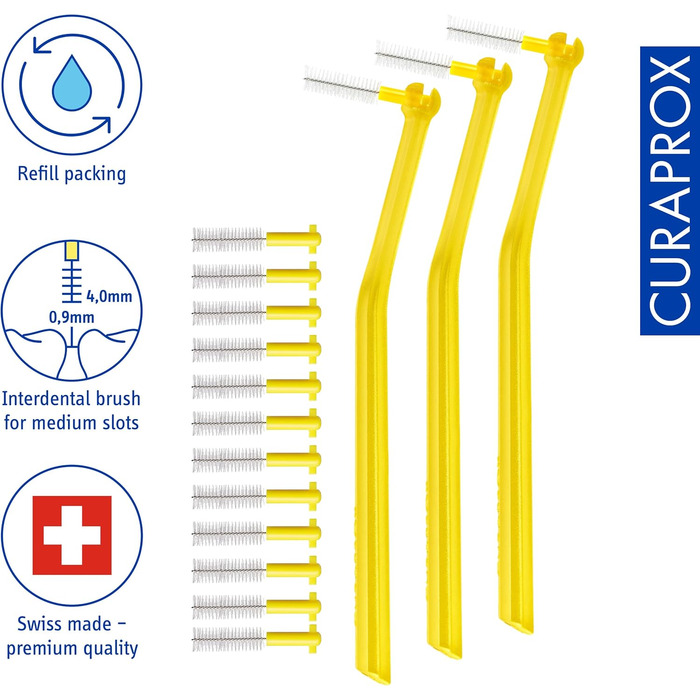 Щітки Curaprox Interdental CPS 09 prime plus (Пучок 3 шт. и), жовтий, діаметр 0,9 мм, ефективність 4 мм, набір з 15 міжзубних йоржиків CPS Prime 09 і 3 тримачів UHS 451 жовтий (1 упаковка)