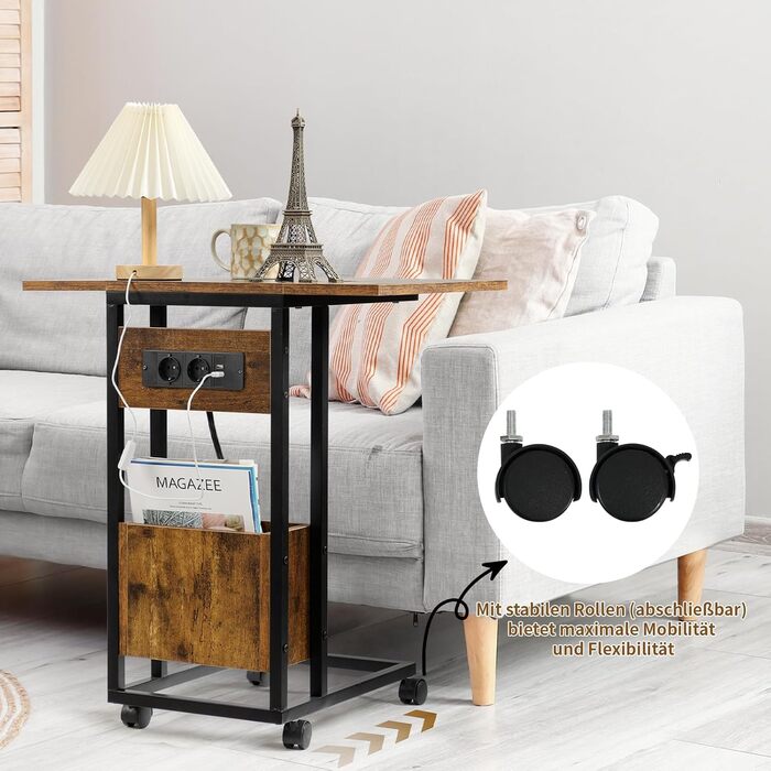 Приставний столик Hadulcet для дивана, С-подібний приставний столик, розкладна стільниця, столик для ноутбука з колесами, зарядна станція, вузький приставний столик для вітальні, спальні, висота 70 см, приставний столик темно-коричневого кольору