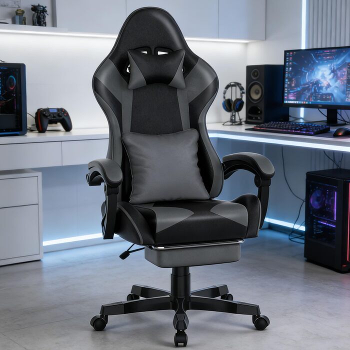 Ергономічне ігрове крісло Soontrans, ігрове крісло з пружинною подушкою, висувна підставка для ніг, підголівник, регульована висота, штучна шкіра, регульована спинка 90-135 (чорний/сірий)