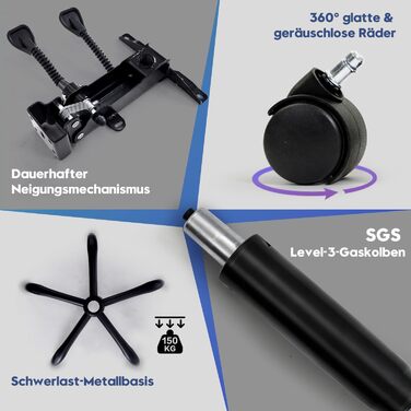 Ергономічне офісне крісло з функцією відкидання спинки, підставка для ніг, крісло з можливістю нахилу 90-135, синхронізовані підлокітники, вантажопідйомність до 150 кг, крісло керівника з високою спинкою, широке сидіння, тканина, темно-синя тканина